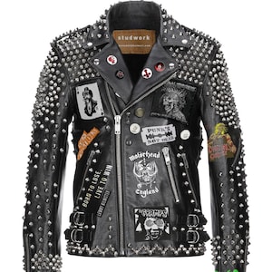 Men’s Punk Leather Jacket – Cramps & Lemmy Patchwork, Studded Gothic Moto Fit, Custom Partywear Biker Style