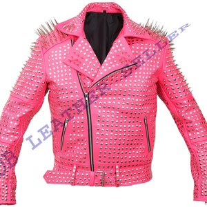 Preciosa chaqueta de cuero Brando rosa con cinturón, chaqueta Brando de cuero con tachuelas plateadas, chaqueta de cuero con tachuelas para hombre, chaqueta de motociclista para caballero