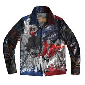 May include: A multi-colored leather jacket with a zipper closure. The jacket features various graphic designs, including a skull, a clown, and the words "BAD WOLF" and "TONIGHT". The collar is navy blue and the jacket has a red and white design.