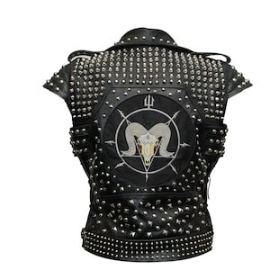 Black Goat Head Studded Leather Vest for Men Alternative Metal Biker Fashion, Men&#39;s Black Leather Vest, Conical Studs Bikers Vest, Goat Vest