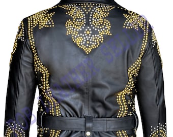 Herren Schwarz Brando Lederjacke mit Gürtel Goldene Nieten Leder Brando  Jacke Herren Lederjacke Herren Bikerjacke