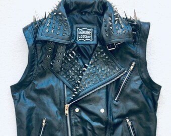 VEST JACKET HANDMADE Men Black Punk Silver Long Spiked