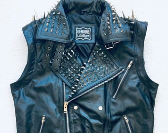 leathersguru Men Black Punk Silver Long Spiked Studded Leather Buttons Up Vest Silver Studs and Spikes Black Leather Studs Spike Large