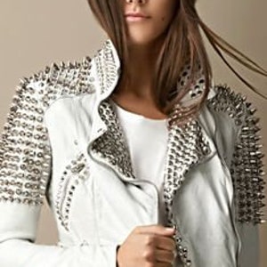 Handcrafted Women Silver Long Studded Genuine Leather Jacket Spiked Stud placed by Hand Belted Biker Brando Fashion Party White Leather
