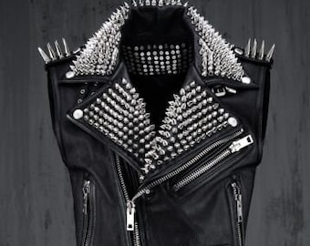 VEST JACKET HANDMADE Men Black Punk Silver Long Spiked Studded Leather Buttons Up Vest Silver Studs and Spikes Black Leather Studs Spike