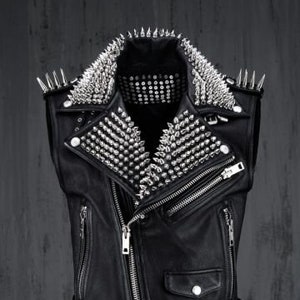 VEST JACKET HANDMADE Men Black Punk Silver Long Spiked Studded