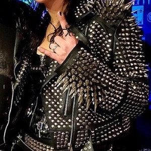 Punk Rock Spiked Leather Jacket Heavy Studded Biker Coat with Metal Spikes and Zippers