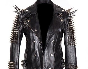 Men Silver Studded Jacket Black Punk Silver Long Spiked