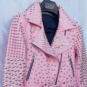 Women Pink Studded Leather Rock Steam Punk Style Biker Jacket, Women Silver Studs Spiked Pink Jacket (495)