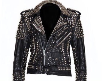 Men's Biker Silver Studded Magnificent Leather Jacket Brando All Sizes Available Black Silver Studs Belted Front Zipper