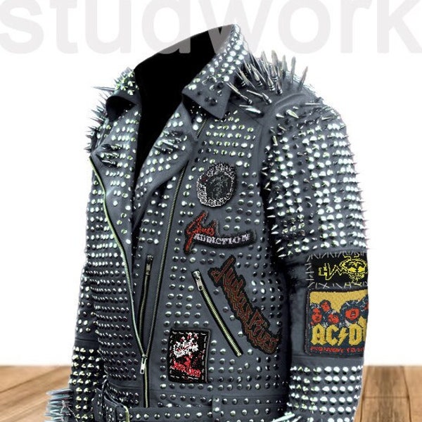 Spiked Jacket Men Gothic, Steampunk Studwork Jacket, Punk Rock Fashion, Judas Priest Party Wear, Patchwork Men Clothing, AC DC Brando Outfit