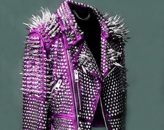 May include: A purple leather jacket with silver studs and spikes. The jacket has a zip fastening and a belt.