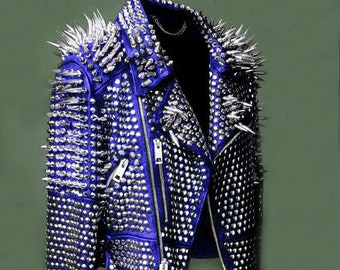 May include: A blue leather jacket with silver studs and spikes. The jacket has a zip fastening and a collar.