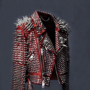 Red studded top leather jacket