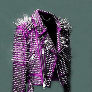 Women Purple Military Jacket. Purple Studded Leather Jacket, Women Spiked Steam Punk Jacket Gothic, Rockers Studded Jacket