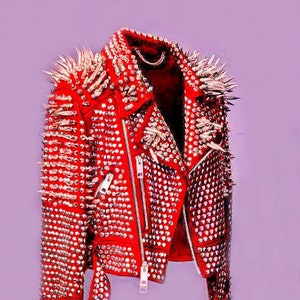 Women Red Spiked Jacket, Red Studded Leather Jacket, Women Spiked Steam Punk Jacket Gothic, Rockers Studded Jacket
