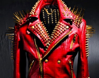 Women’s Red Leather Spiked Biker Jacket with Gold Studs – Heavy Metal Punk Rock Moto Jacket – Gothic Stagewear Custom Outfit