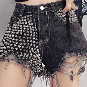 Stormshade Rebel Denim Women&#39;s Shorts Handmade Dark Blue Jeans with Heavy Silver Cone Studs & Custom Biker Edge