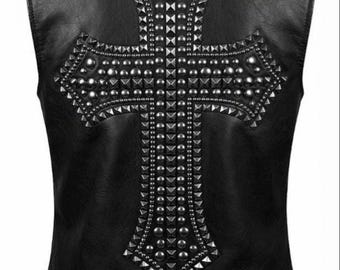 Handmade Studded Leather Moto Vest, Black Cross Biker Jacket