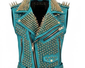 Party Nights Women’s Cyan with Gold Spikes and Studs Handmade Sleeveless Punk Jacket