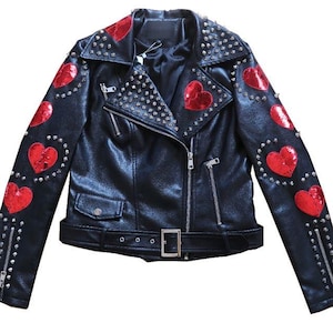 Red Heartbreaker Patchwork Cow Leather Jacket Silver Cone Spikes with Brando Biker Edge