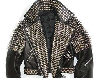 Mens punk studded leather jacket sale