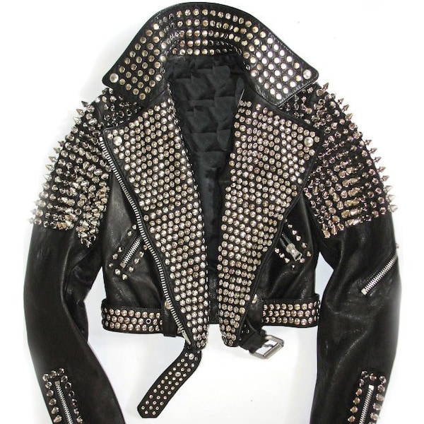 Handmade Women Black Leather Rock Women Steam Punk Style Studded Biker Jacket Silver Long Studs Spiked Jacket (389)