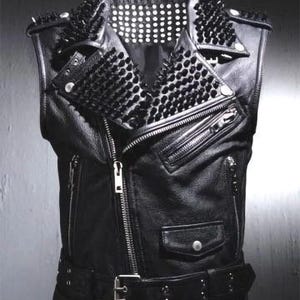 Black Leather VEST Black Studs HANDMADE Men Black Punk Silver Long Spiked Studded Leather Buttons Vest Black Studs and Spikes Black Leather