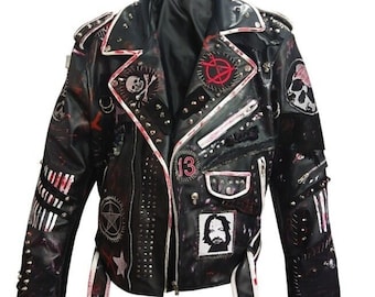 Chaqueta de cuero hecha a mano con tachuelas y pinchos, estilo gótico motociclista para hombre.