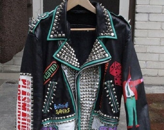Handmade Studded Cowhide Leather Biker Jacket, Gothic Steampunk Patches