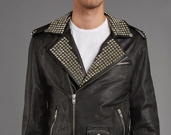 Neue Mens Silber verzierte Kragen Lederjacke, Steam Punk Silber versetzt Nieten-Leder Brando Jacke Reißverschluss #leadstyle #Studwork #handmade