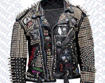 Motorbike Handmade Patches And Spiked Gothic Real Leather Punk Fashion Men's Brando Heavy Metal Studded Jacket