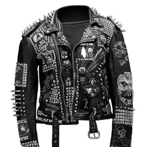 Women Black and White Outfit, Patches Jacket Handmade, Studded Genuine Leather Punk, Gothic Rivets Spiked, Motorbike Jacket,