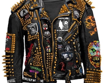 Men's Clone & Loine Multi Patches, Black Leather Jacket with Golden Studs, Punk Style, Party Club Wear