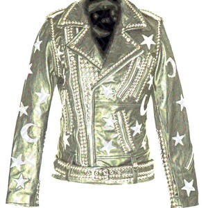 May include: A silver-green leather jacket with white star and crescent moon accents. The jacket features a belted waist, zipper closures, and is embellished with silver studs along the collar, shoulders, and cuffs. A unique fashion statement.