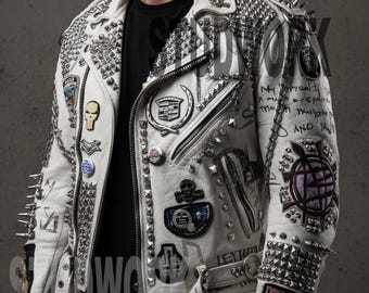 Herren Ghost White Premium Schafleder Metall Spikes, Aufnäher und Symbole Rocker's Party Jacke