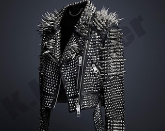 New Mens Full Black Punk Silver Long Spiked Studded Leather Brando Jacket