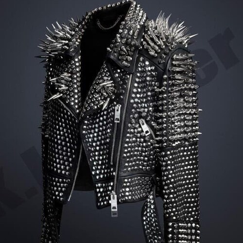New Mens Full Black Punk Silver Long Spiked Studded Leather - Etsy