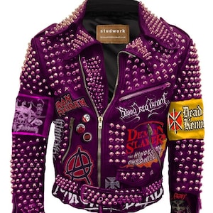 Vivid Violet Leather Jacket Conical Studs Punk Rock Wear with Black Sabbath & Dead Kennedys Patches