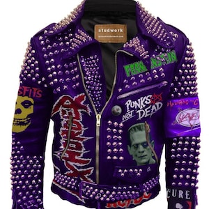 Men&#39;s Punk Rock Purple Fashion, Outer Wear Gothic Exhorder Misfit Jacket, Club Wear Heavy Cone Studded, Personalized The Cure Slayer Jacket,