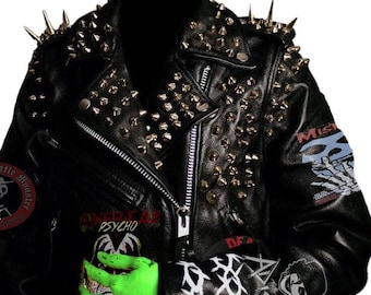 Men's Punk Rock Studwork Jacket – Spiked Leather, Gothic Patches