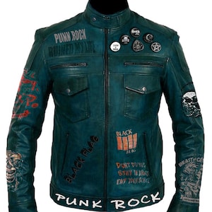 May include: Teal leather jacket with various patches and graphics. The jacket displays the text "PUNK ROCK RUINED MY LIFE" and "BLACK FLAG". Patches include a skull, a pentagram, and the text "COTH PROUD".