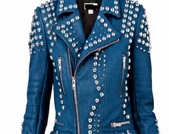 Midnight Surge Women’s Studded Blue Leather Biker Jacket with Twin Belt Grip, Lapel Slash Cut & Zipper Fused Windproof Armor