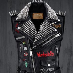 Black Leather Waist Belted Outer Wear, Murderdolls Slipknot Patches, Men Fashion Biker Jacket, Spiked Studded Gothic, Misfit Vest Jacket,