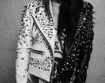 Black and white studded leather jacket discount