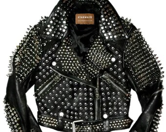 Patches Leather Men's Outfit, Handcrafted Steampunk Spiked, Bauhaus Motorbike Gothic Jacket, Rivets Studs Fashion, Brando Belted Wear,