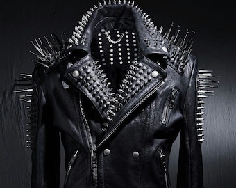 Studded Leather Jacket Women Handmade Full Black Punk Silver Long Spiked Studded Leather Buttons Up StudsandSpikes Made to Orders Steampunk