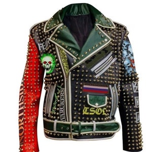 May include: Black leather jacket with gold studs and various patches, including "NORTHSIDE", "VARUKERS", "FEAR", and a skull. The jacket has a green lining and a belt.
