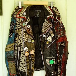 Pin Badges Multi Color Punk Gothic Jacket, Women Studded Biker&#39;s Patches, Cow Leather Outer Wear, Chaos UK Jacket, Adicts Fashion Outfit,