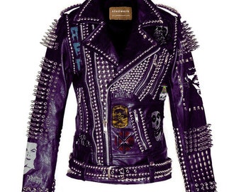 May include: A purple leather jacket with silver studs and spikes. The jacket has multiple patches and zippers. The text "studwork" is on the label. The jacket has a belt at the waist.